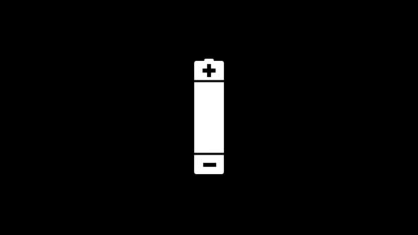 黒い背景にバッテリーの白い画像 バッテリーの表示がプラスとマイナス プロジェクトの歪み液体スタイル遷移アイコン モーショングラフィックスと合成のための4Kビデオアニメーション — ストック動画