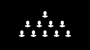 Girişimdeki insanların siyah arka plandaki beyaz resimleri. Çalışanların şirkete bağlı olması. Projeniz için ayrışma sıvısı geçiş simgesi. Hareket için 4K video canlandırması