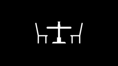 Siyah arka planda beyaz masa ve sandalyeler. Bir kafede sevgi dolu bir çift için masa. Projeniz için ayrışma sıvısı geçiş simgesi. Hareket grafikleri için 4K video animasyonu ve