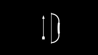 Siyah arka planda beyaz ok ve yay resmi. Okçu için aletler. Projeniz için ayrışma sıvısı geçiş simgesi. Hareket grafikleri ve birleşikliği için 4K video animasyonu.