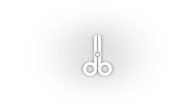 Beyaz arkaplanda gölgesi olan beyaz makas simgesi. Kesmek için çocuk makası. Hareket grafikleri için 4K video animasyonu.