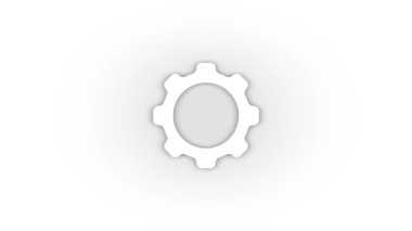 Beyaz arka planda gölgelenmiş beyaz dişli simgesi. Mekanizmanın bir parçası. Hareket grafikleri için 4K video animasyonu.