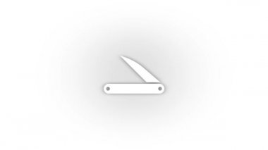 Beyaz arka planda gölgesi olan beyaz katlanmış bıçak ikonu. Yürüyüş ekipmanları. Hareket grafikleri için 4K video animasyonu.