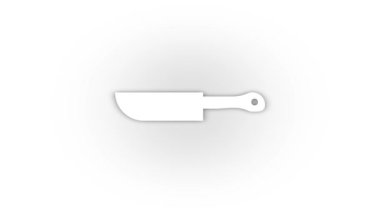 Beyaz arka planda gölgesi olan beyaz mutfak bıçağı ikonu. Gıda ürünlerini kesmek için. Hareket grafikleri için 4K video animasyonu.