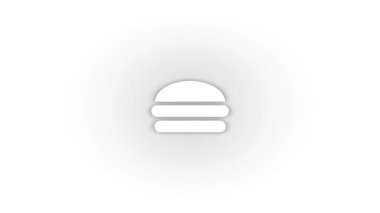 Beyaz arka planda gölgelenmiş beyaz burger ikonu. fast food. Hareket grafikleri için 4K video animasyonu.