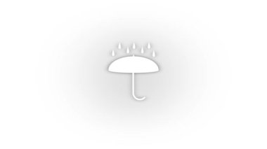 Beyaz arkaplanda gölgesi olan şemsiye simgesinin üzerine beyaz yağmur. Hava tahmini. Hareket grafikleri için 4K video animasyonu.