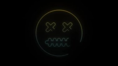 Siyah arkaplanda parlayan neon ölü yüz simgesi. Duyguların yansıması. Hareket grafikleri ve birleşikliği için 4K video animasyonu.
