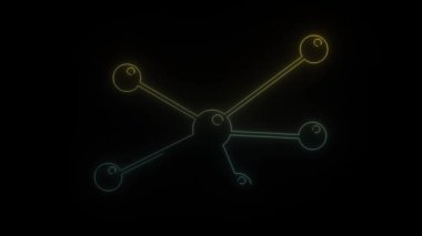 Siyah arkaplanda parlayan neon molekülleri simgesi. Tıbbi deneyler. Hareket grafikleri ve birleşikliği için 4K video animasyonu.