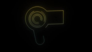 Siyah arkaplanda parlak neon saç kurutma ikonu. Saç bakımı. Hareket grafikleri ve birleşikliği için 4K video animasyonu.