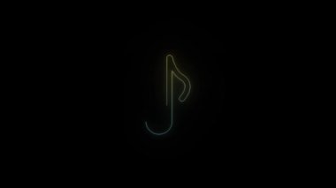 Siyah arkaplanda parlayan neon nota simgesi. Müzik yazıyorum. Hareket grafikleri ve birleşikliği için 4K video animasyonu.