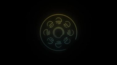 Siyah arkaplanda parlayan neon film bobini simgesi. Film tekniği. Hareket grafikleri ve birleşikliği için 4K video animasyonu.