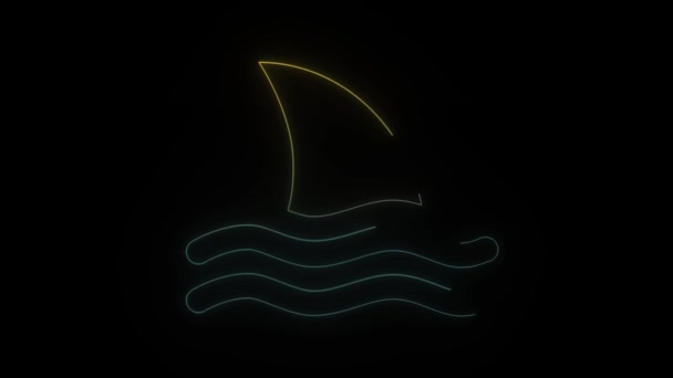 Świecąca Neonowa Ikona Płetwy Rekina Czarnym Tle Rekin Plaży Animacja — Wideo stockowe