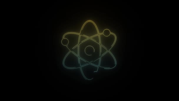 Icona Luminosa Dell Atomo Neon Sfondo Nero Esperimenti Fisici Animazione — Video Stock