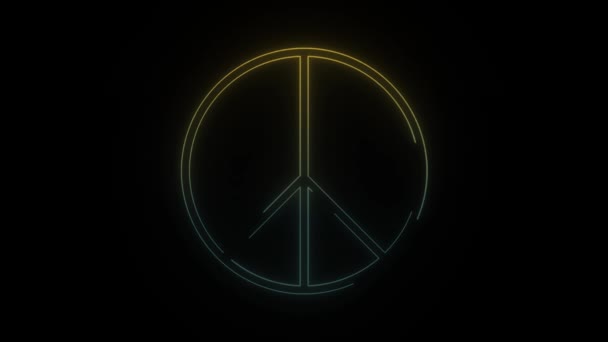 Leuchtende Neonfarbene Friedensikone Auf Schwarzem Hintergrund Zeichen Der Versöhnung Videoanimation — Stockvideo