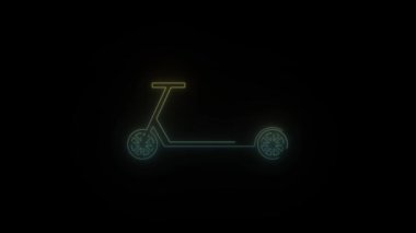 Siyah arkaplanda parlayan neon scooter ikonu. Ekolojik hareket biçimi. Hareket grafikleri ve birleşikliği için 4K video animasyonu.