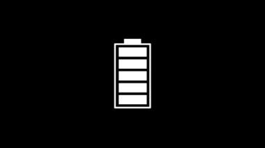 Siyah arka planda beyaz bir pil resmi. Aletlerin şarj oldu. Projeniz için dinamik tarzda görüntüler. Hareket grafikleri ve birleşikliği için 4K video animasyonu