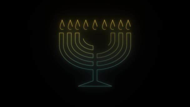 Светящийся Неоновый Значок Подсвечника Черном Фоне Освещать Церковь Ночью Видео — стоковое видео