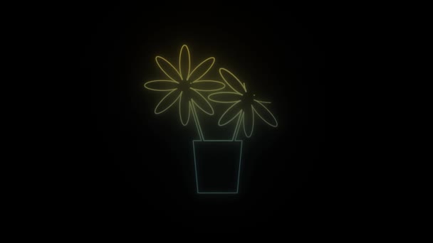 Светящийся Неоновый Цветочный Горшок Значок Черном Фоне Внутреннее Убранство Жилого — стоковое видео