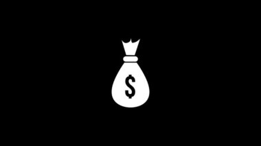 Siyah arka planda dolar olan beyaz çanta simgesi. Para çantasındaki dolar işareti. Projeniz için dinamik tarzda görüntüler. Hareket grafikleri ve birleşikliği için 4K video animasyonu