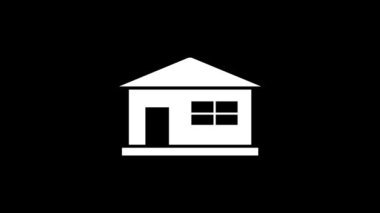 Siyah arka planda beyaz ev simgesi. Aile için rahat bir ev. Projeniz için dinamik tarzda görüntüler. Hareket grafikleri ve birleşikliği için 4K video animasyonu