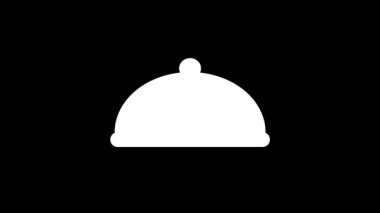 Siyah arka planda beyaz tabak ikonu. Restoranda yemek servisi. Projeniz için dinamik tarzda görüntüler. Hareket grafikleri ve birleşikliği için 4K video animasyonu