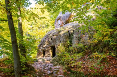 Rozhirche 'deki Mağara Manastırı, Lviv Oblastı, Ukrayna. Ormandaki antik kayalık tapınak, Karpat dağları..