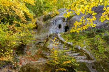 Rozhirche 'deki Mağara Manastırı, Lviv Oblastı, Ukrayna. Ormandaki antik kayalık tapınak, Karpat dağları..