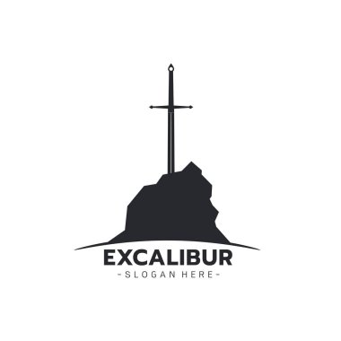 Excalibur logo şablonu, Excalibur siluet dövmesi, Taştaki Kılıç Excalibur konsepti beyaz arkaplan vektörü çizimi