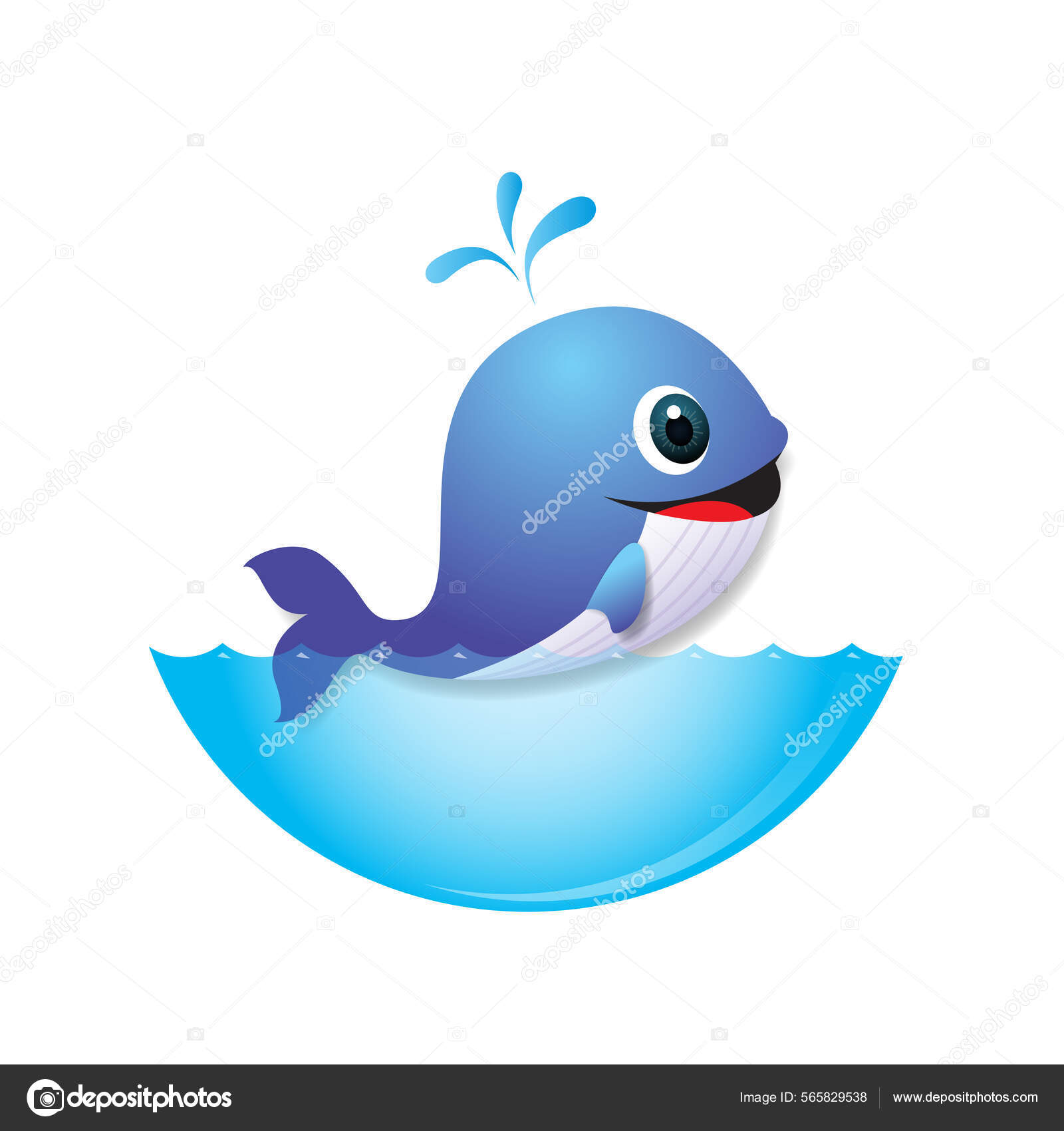 蓝海波浪中可爱的鲸鱼卡通式喷流源白色背景矢量图解图库矢量图©es7sense 565829538