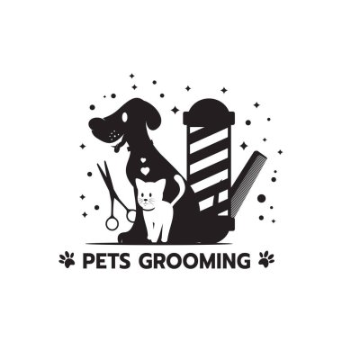 Evcil hayvan kuaförü logosu, kuaför, kuaför, kuaför, köpek ve kedi bakım hizmetleri amblemi beyaz arka planda.