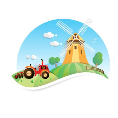 Kırsal arkaplan düz vektör illüstrasyonunda çiftlik çizgi filmi