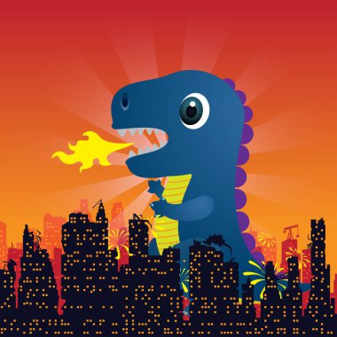 Cute Godzilla Monster Character in city on white background vector illustration clipart