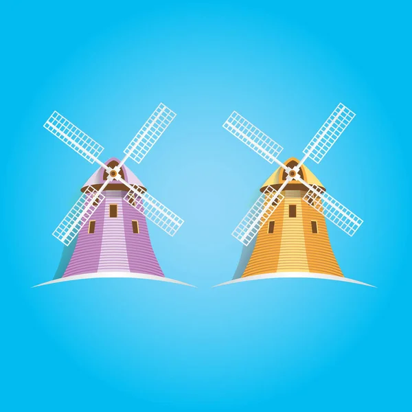 Set Windmill Cartoon Blue Sky Background Vector Illustration — Archivo Imágenes Vectoriales
