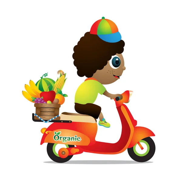 Boy African American Riding Scooter Fruit White Background Vector Illustration — Stok Vektör