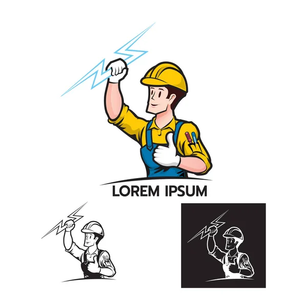 Logo Služby Elektrotechniky Šablona Elektrikář Karikatura Maskot Drží Lightning Bolt — Stockový vektor