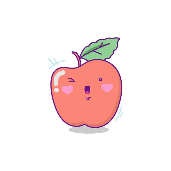 Roter Apfel Charakter Niedlich Cartoon Kawaii Stil Auf Weißem Hintergrund — Stockvektor