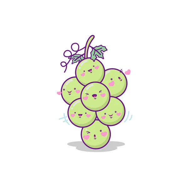 Grüne Trauben Frucht Charakter Niedlich Cartoon Kawaii Stil Auf Weißem — Stockvektor