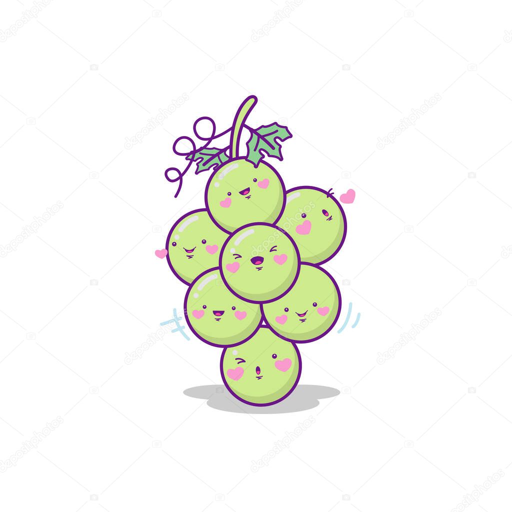 Green grapes fruit character cute cartoon kawaii style on white background vector illustration
