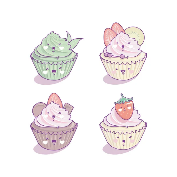 Cupcake Personnage Mignon Dessin Animé Style Kawaii Mascottes Gâteau Sucré — Image vectorielle