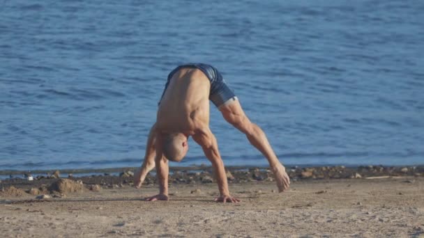 Ejercicios deportivos al aire libre - joven en forma apoyando sus manos en la playa y de pie sobre sus manos — Vídeos de Stock