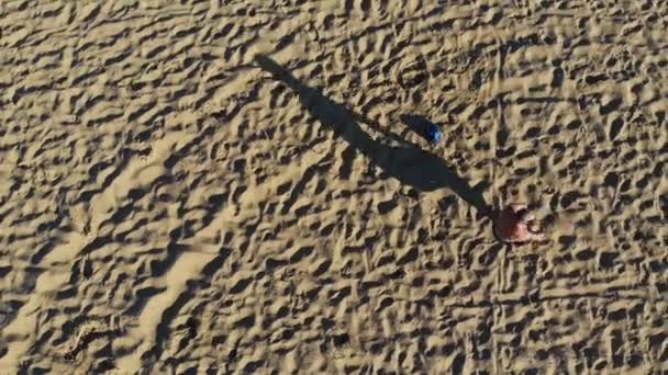 Joven hombre en forma haciendo una serie de volteretas en la playa de la ciudad — Vídeo de stock