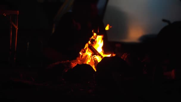 Un hombre sentado junto a una hoguera por la noche — Vídeos de Stock