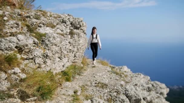 Viaje de aventura - mujer joven excursionista con rastas caminando en el borde de una montaña — Vídeos de Stock