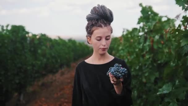 Fiatal nő raszta sétál szőlő és eszik fekete szőlő szeszélyes időben — Stock videók