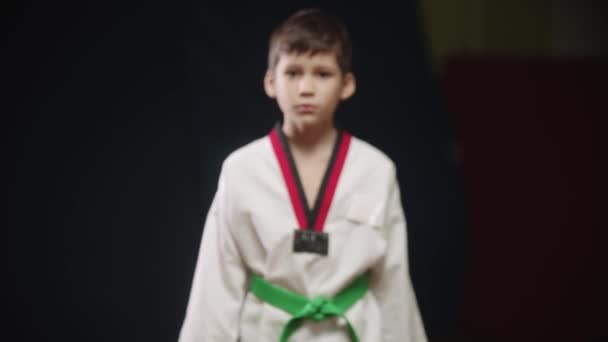 Seorang anak kecil melakukan taekwondo berjalan ke depan dan menunjukkan gerakan — Stok Video