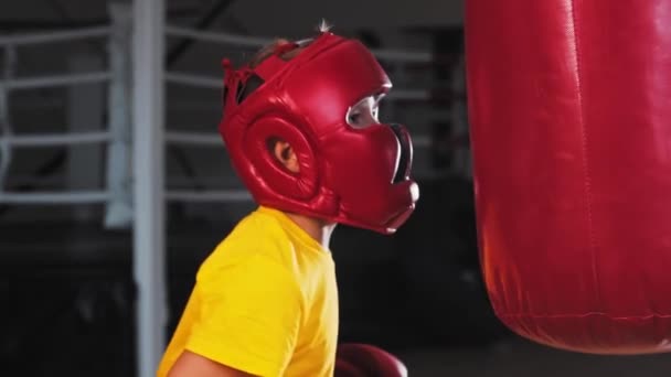 Kleiner Junge mit Schutzhelm prallt gegen Boxsack — Stockvideo