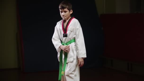 小さな男の子やってtaekwondo -その場でジャンプし、キックを示す — ストック動画
