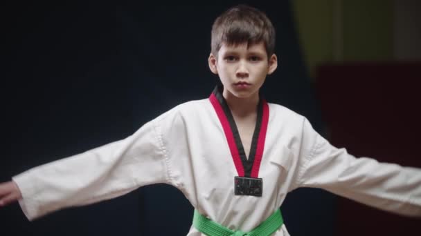 小さな男の子やってtaekwondo -弓とカメラを見て — ストック動画