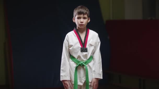 小さな男の子やってtaekwondo -カメラの前で弓 — ストック動画