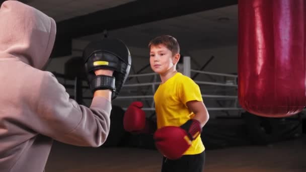 Little excited boy training boxing with a coach in hoodie — Stock Video